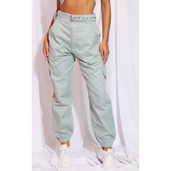 XS NWT Prettylittlething Sage Mint Green Eyelet Belted Cargo Pants High Rise - Picture 1 of 6